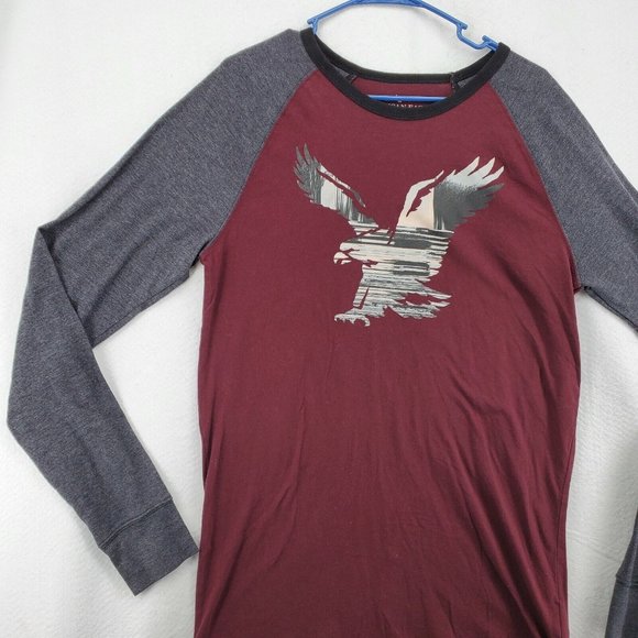 AMERICAN EAGLE Shirt Men's Long Sleeve Crew Neck Pullover Tee Red Gray Medium - Picture 5 of 12
